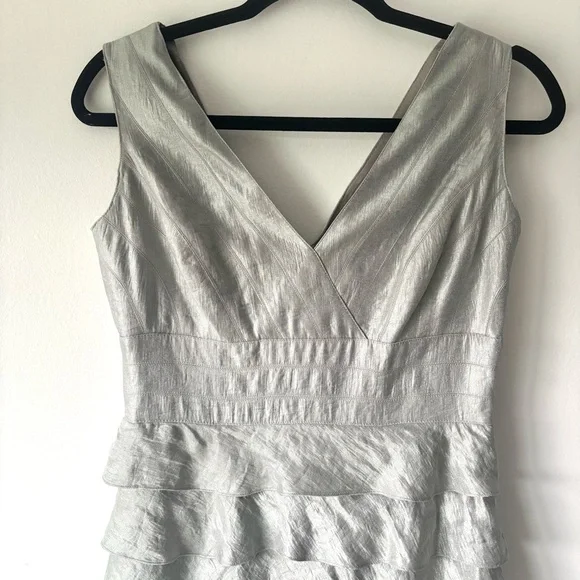 Adrianna Papell Silver Gray Tiered Layered Cocktail Sheath Dress Formal Maxi - Picture 2 of 10